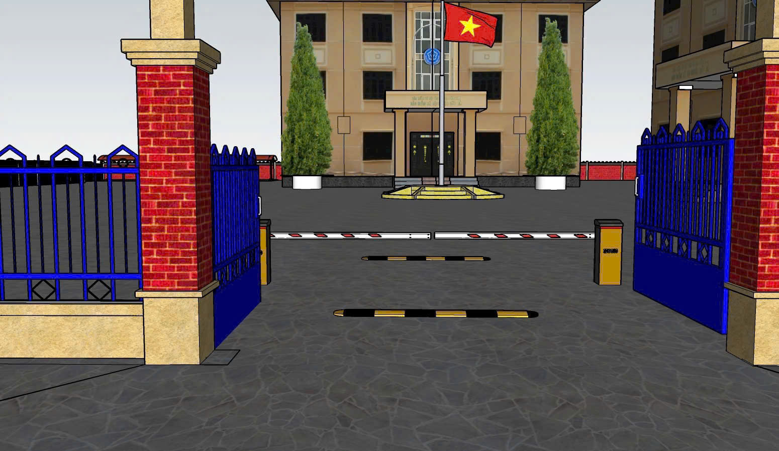 Cổng tự động với thanh chắn barie và trụ kiểm soát ra vào trước tòa nhà cơ quan treo cờ Việt Nam